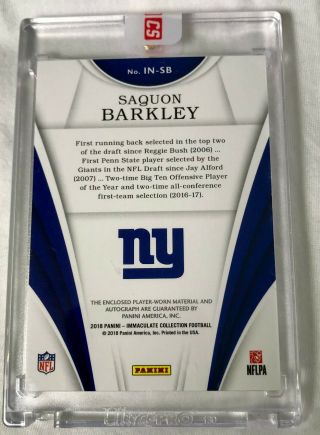 Saquon Barkley 2018 Immaculate Numbers Rookie Patch Autograph RPA /26 Panini RC 2
