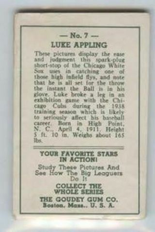 1937 Goudey Big League Thum Movie R326 7 - 2 Luke Appling Chicago White Sox VG - EX 2