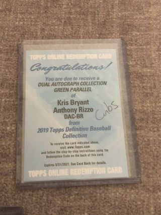 2019 Topps Definitive Kris Bryant Anthony Rizzo Dual Auto Green 