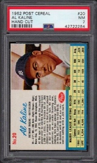 1962 Al Kaline Post Cereal Baseball Card 20 Graded Psa 7 Near - (nm)
