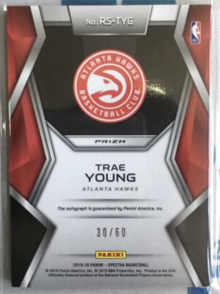 18 - 19 Spectra Rising Stars Trae Young Autograph Auto Card Neon Blue Prizm 30/60 2