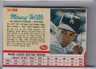 1962 Post Cereal 104 Maury Wills Los Angeles Dodgers 1059