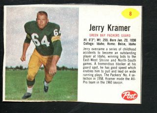 1962 Post Football Card 8 Jerry Kramer - Green Bay Packers