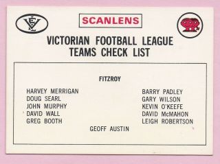 1974 Scanlens Vfl Card: Fitzroy Lions Check List (unmarked) Exc - N/mint