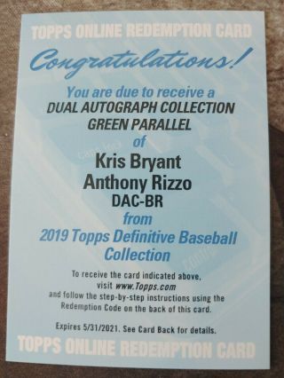 2019 Topps Definitive Kris Bryant Anthony Rizzo Dual Auto Green 