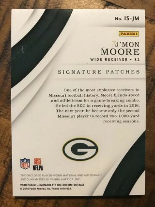 2018 Immaculate J ' Mon Moore Packers RPA RC Dual Patch AUTO /99 Green Bay Packers 2
