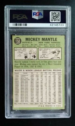 MICKEY MANTLE 1967 TOPPS 150 YORK YANKEES HOF PSA 5 EX 2
