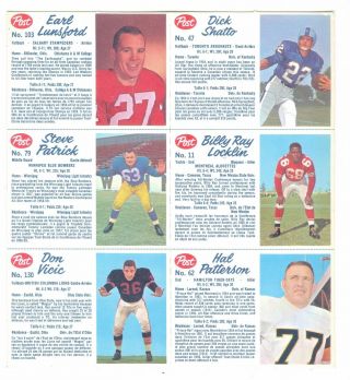 1962 Post Cereal Cfl Uncut Panel (6) Patterson,  Shatto - Football