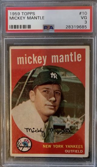 1959 Topps Mickey Mantle Psa 3 Vg 10 York Yankees Hof