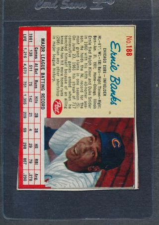 1962 Post Cereal 188 Ernie Banks Cubs Ex/mt 1151