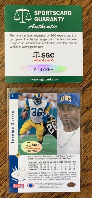 Jerome Bettis Signed 1993 Upper Deck SP Rookie Card 6 Rams SGC Authenticated 2