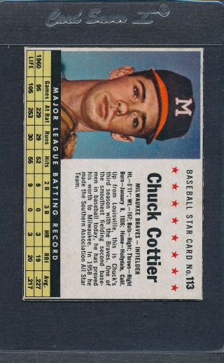 1961 Post Cereal 113 Chuck Cottier Braves Ex/mt 1255