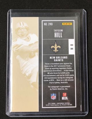 2017 Contenders Football Taysom Hill Rookie Auto RC Sp 249 Orleans Saints 3