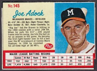 1962 Post Cereal Error Joe Adock (adcock) 145 - Milwaukee Braves