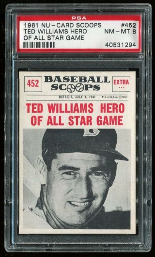 1961 Nu - Card 452 Ted Williams Hero Of All - Star Game Psa 8 Nm - Mt Cert 40531294