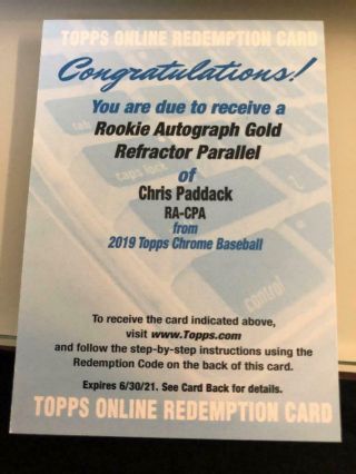 Chris Paddack 2019 Topps Chrome Auto Autograph Gold Refractor Rookie /50 Tat7