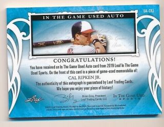 CAL RIPKEN JR 2019 LEAF ITG In The Game Auto Jersey Relic RED /5 ORIOLES 2