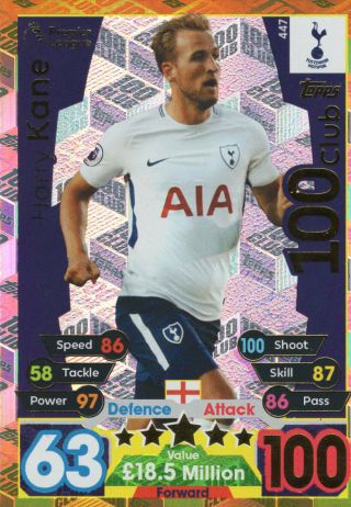 Match Attax 17/18 Harry Kane 100 Club Card - Tottenham / Spurs 447