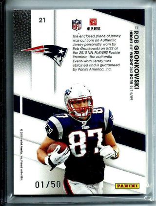 2010 Certified Potential Rookie Rob Gronkowski 4 - Color Worn Prime Jersey 01/50 2