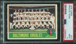 1976 Topps 73 Baltimore Orioles Team Checklist Brooks Robinson Card Psa 9