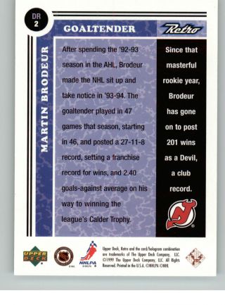 1999 - 00 Upper Deck Retro Distant Replay Level 2 DR2 Martin Brodeur 022/100 2