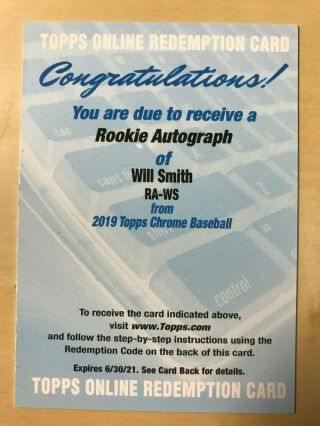 Will Smith Auto Rc 2019 Topps Chrome Dodgers Ra - Ws Autograph