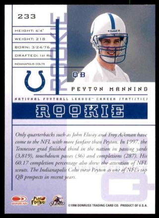 1998 Leaf Rookies & Stars Peyton Manning RC Colts 233 - Nm (Surface) 2
