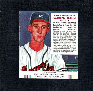 1953 Red Man Tobacco Nl 19 Warren Spahn - - W/tab - - Braves - - No Creases - - Ex/ex/mt