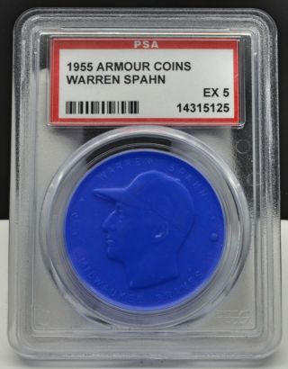 1955 Armour Hot Dog Coin Warren Spahn Braves Hall Of Fame (blue) Psa Ex 5
