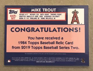 2019 TOPPS SERIES 2 MIKE TROUT ‘84 RELIC GOLD 25/50 GAME RELIC  2