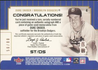 2004 E - X Signings of the Times HOF Year DS Duke Snider Bat Auto 50/80 Dodgers 2