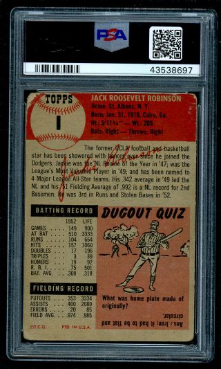 1953 Topps Baseball Card - 1 Jackie Robinson PSA 1.  5,  Fair 2