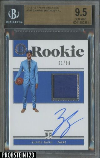 2018 - 19 Panini Encased Zhaire Smith Rc Rookie Jersey Auto 21/99 76ers Bgs 9.  5