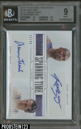 2013 - 14 National Treasures Spanning Time Kobe Bryant Jerry West Auto /49 Bgs 9