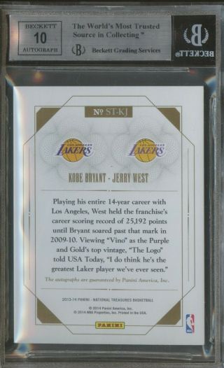 2013 - 14 National Treasures Spanning Time Kobe Bryant Jerry West AUTO /49 BGS 9 2