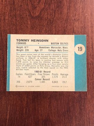 1961 - 62 Fleer 19 Tommy Heinsohn Good/vg/Miscut.  Combined Ship Up To 5 Cards. 2