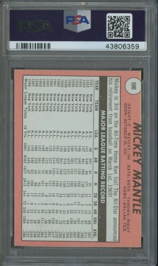 1969 Topps 500 Mickey Mantle York Yankees HOF PSA 7 (MC) NM 2