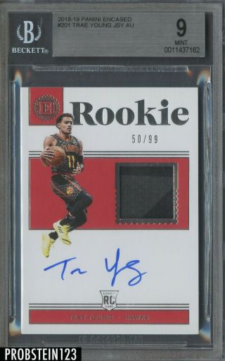 2018 - 19 Panini Encased Trae Young Hawks Rc Rookie Jersey Auto /99 Bgs 9