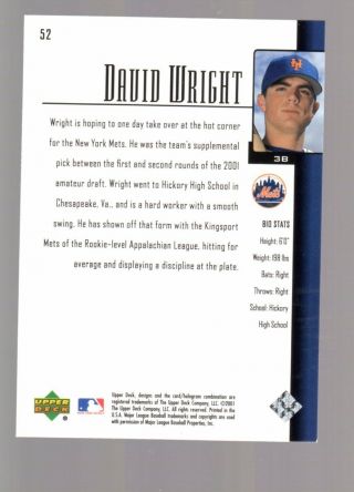 DAVID WRIGHT 2001 RC Upper Deck Star Rookie card NY Mets 52 2