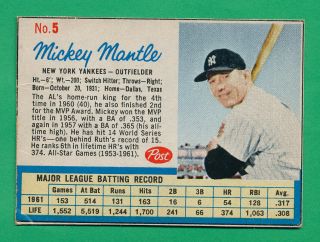 Full Black Borders Mickey Mantle Hof Hand Cut 1962 Post Cereal Box Card 5 Abc