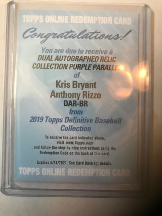 2019 Definitive Kris Bryant And Anthony Rizzo Dual Patch Auto /5 Redemption Cubs