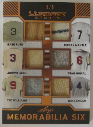 2019 Leaf Ultimate Sports Memorabilia 6 Babe Ruth,  Mickey Mantle,  T.  Williams 5/6