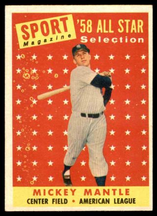 1958 Topps 487 Mickey Mantle Yankees All Star Ex - Mt To Ex - Mt,