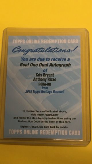 Bryant / Rizzo 2019 Topps Heritage Real One Dual Autograph /25 Redemption Cubs