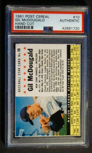 1961 Post Cereal 10 Gil Mcdougald.  Psa Authenticated,  Hand Cut.