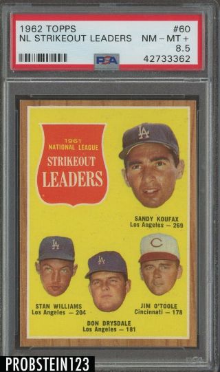 1962 Topps 60 Sandy Koufax Don Drysdale Dodgers Hof Psa 8.  5 Nm - Mt,