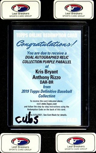 2019 Topps Definitive Kris Bryant / Anthony Rizzo Dual Relic Auto /10 Cubs [jm]