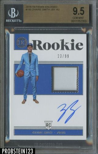 2018 - 19 Panini Encased Zhaire Smith Rc Rookie Jersey Auto 23/99 Bgs 9.  5