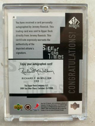 1999 - 00 UD SP Authentic Sign Of The Times Auto JEREMY ROENICK JR AUTOGRAPH 2