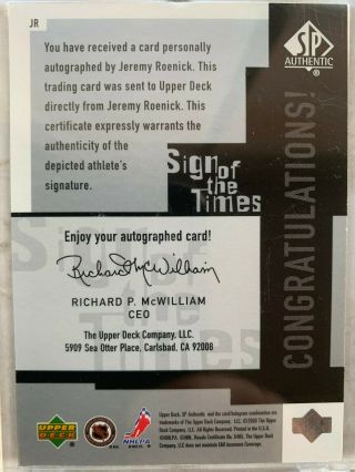 1999 - 00 UD SP Authentic Sign Of The Times Auto JEREMY ROENICK JR AUTOGRAPH 4